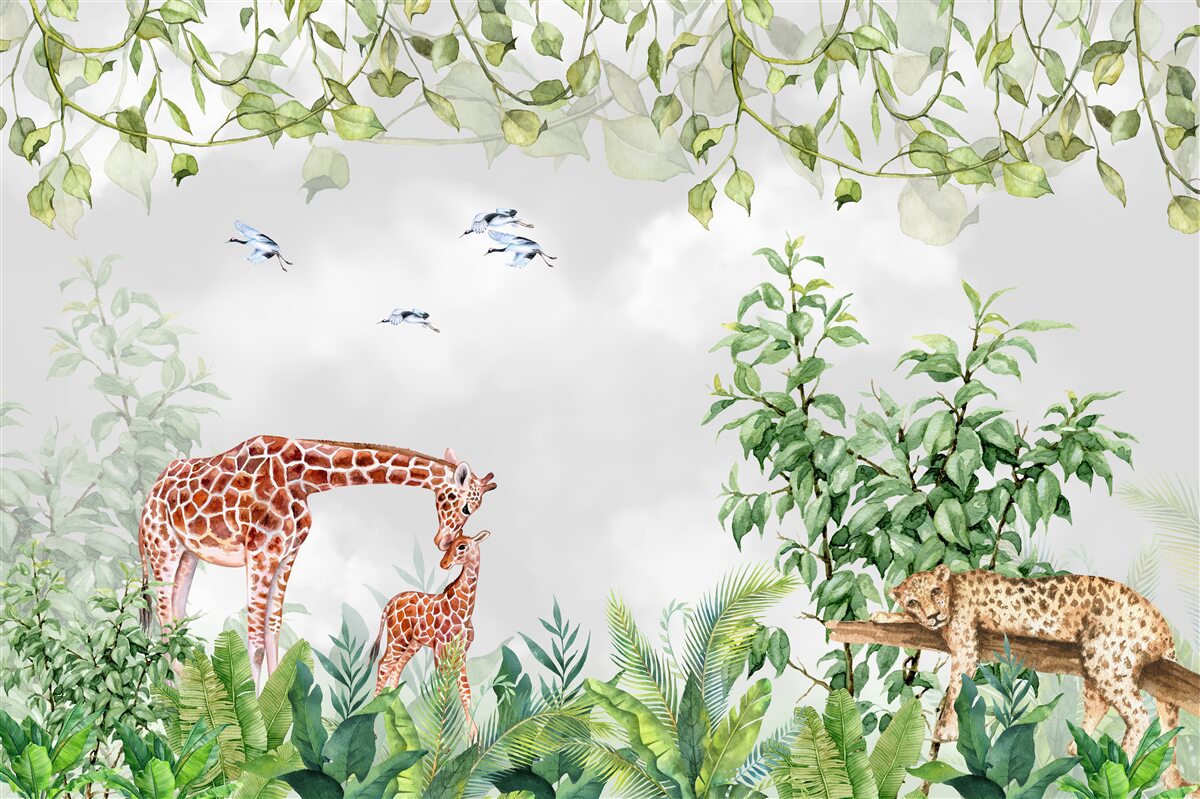 Papier peint des tigres et une girafe se reposent dans la jungle