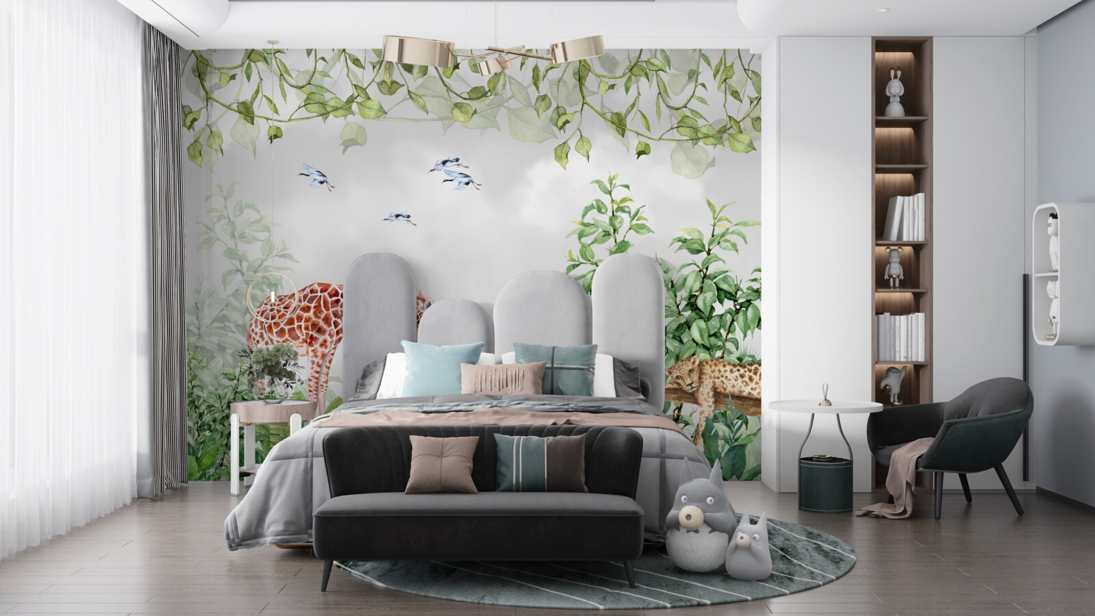 Papier peint des tigres et une girafe se reposent dans la jungle