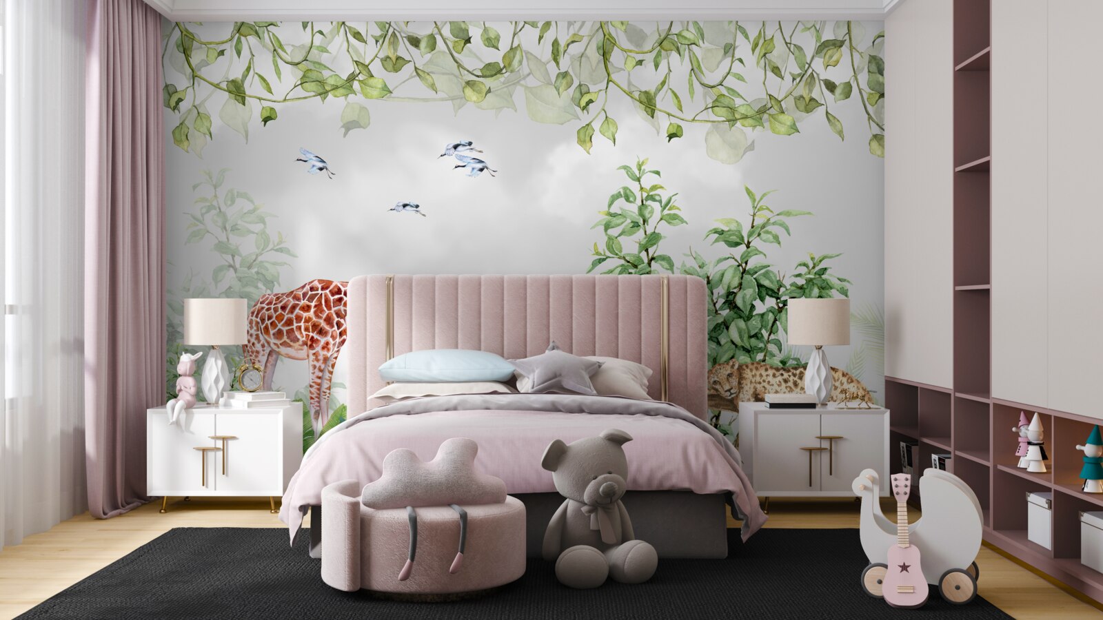 Papier peint des tigres et une girafe se reposent dans la jungle