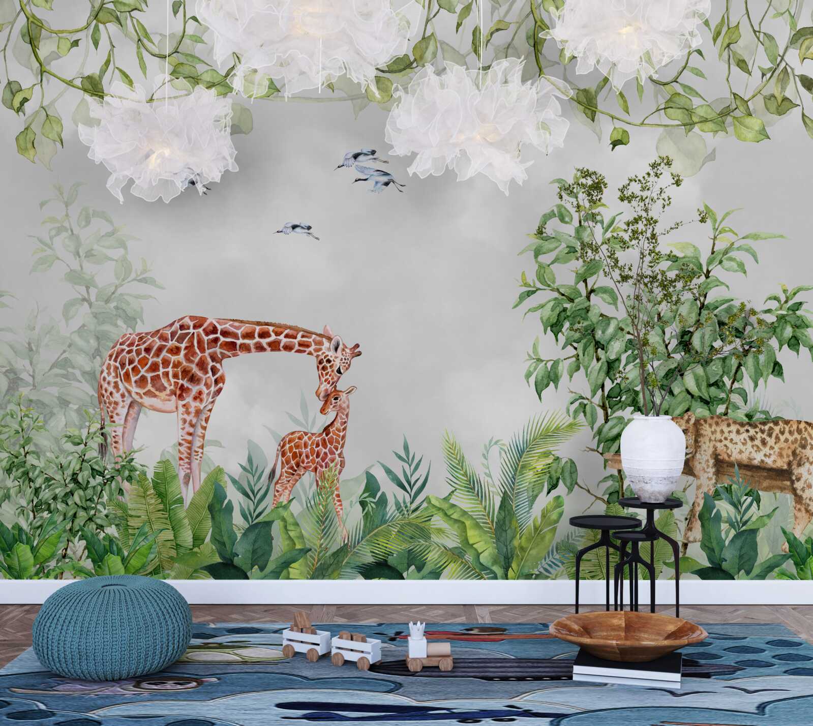 Papier peint des tigres et une girafe se reposent dans la jungle