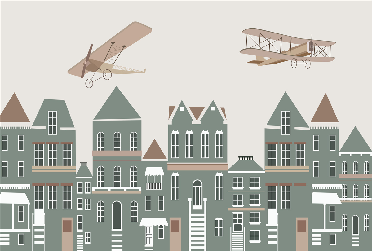 Papier peint avions en vol stationnaire au-dessus des maisons