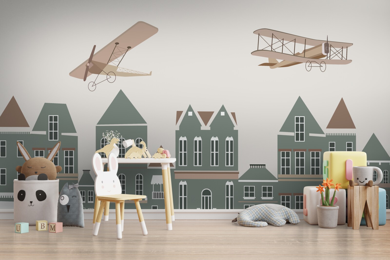 Papier peint avions en vol stationnaire au-dessus des maisons