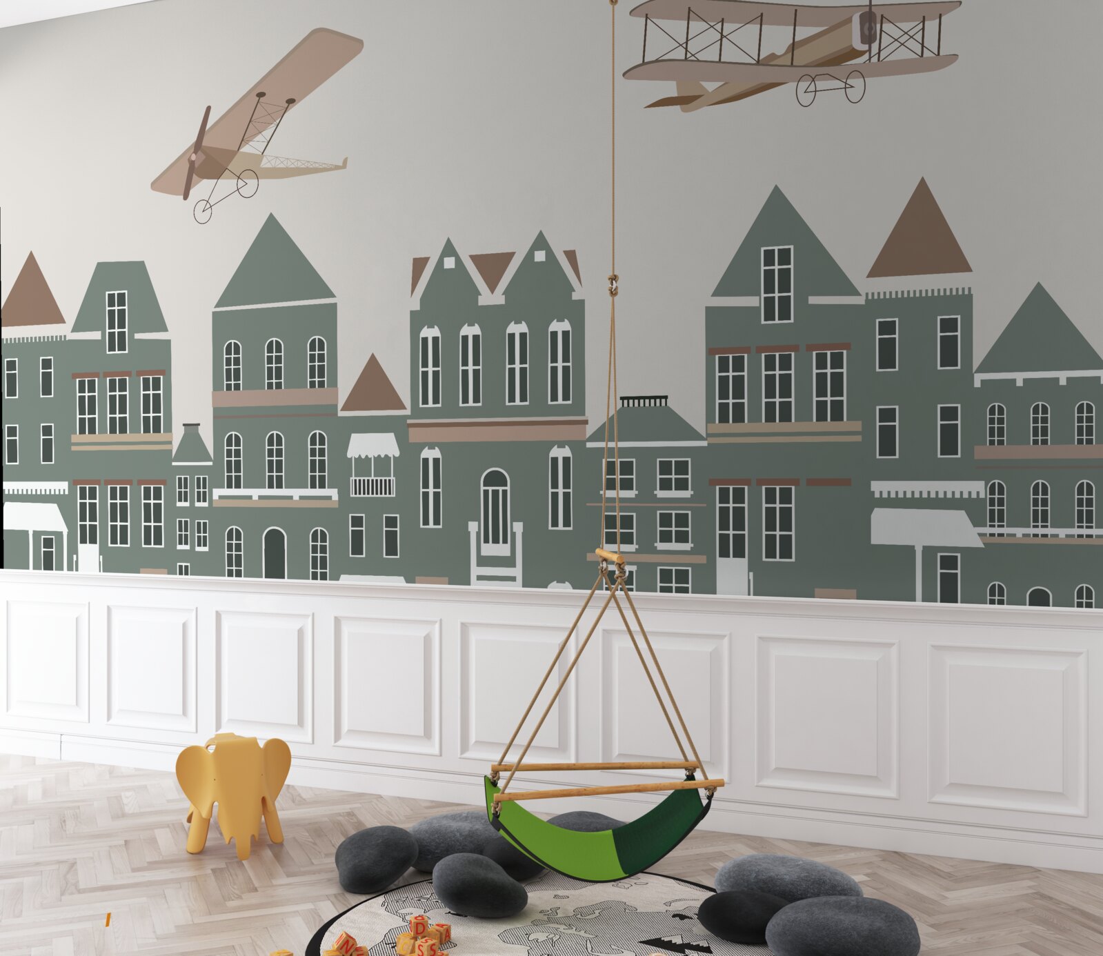 Papier peint avions en vol stationnaire au-dessus des maisons