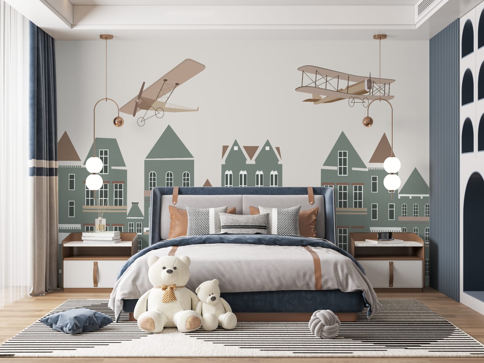 Papier peint avions en vol stationnaire au-dessus des maisons