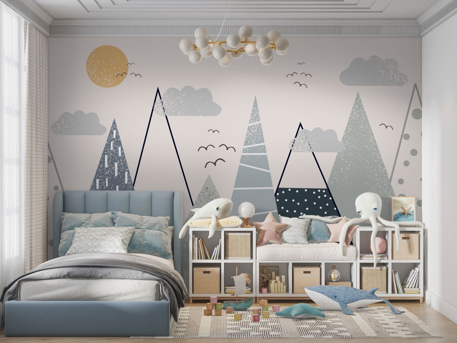 Papier peint le soleil se cache derrière les sommets des montagnes