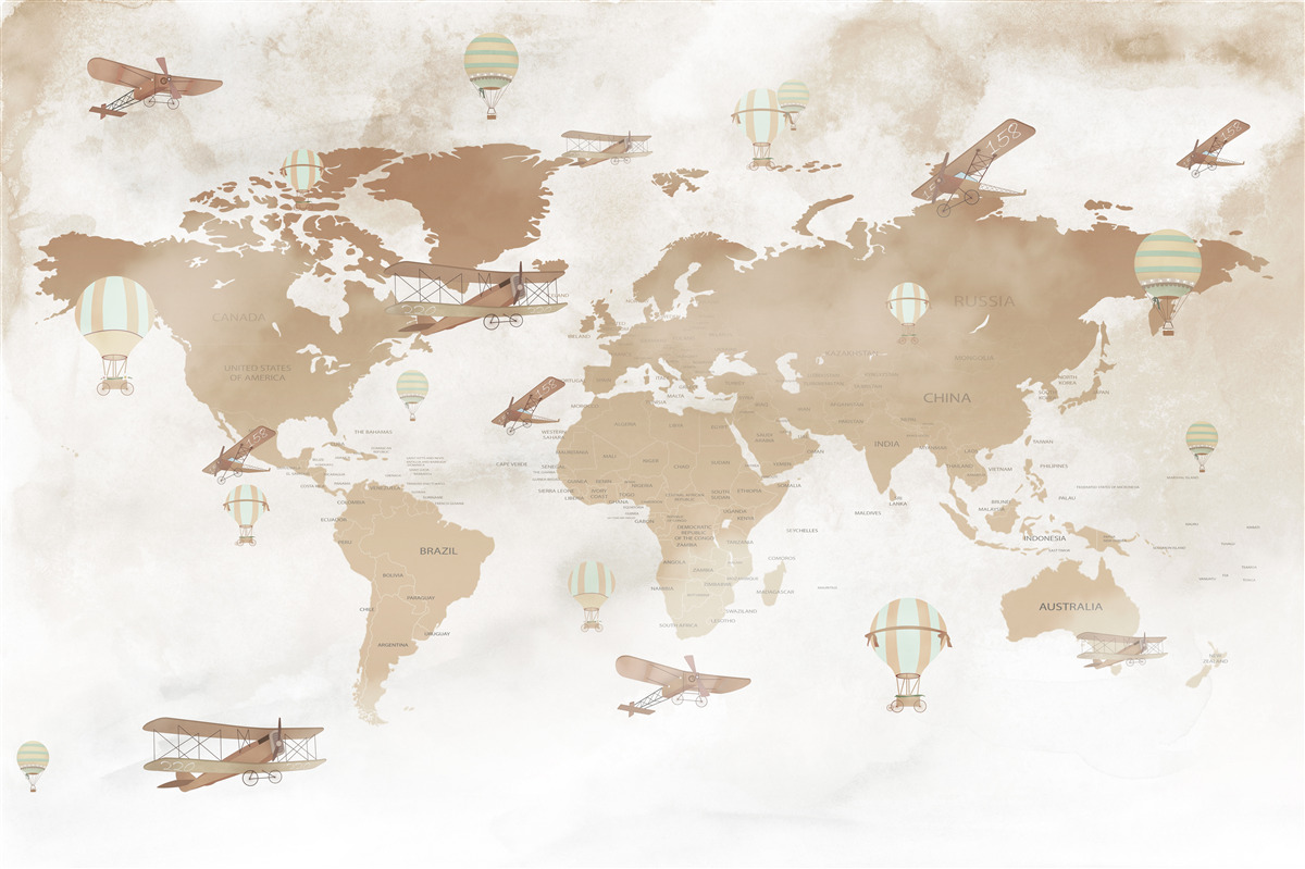 Papier peint carte du monde brune avec représentation d'avions