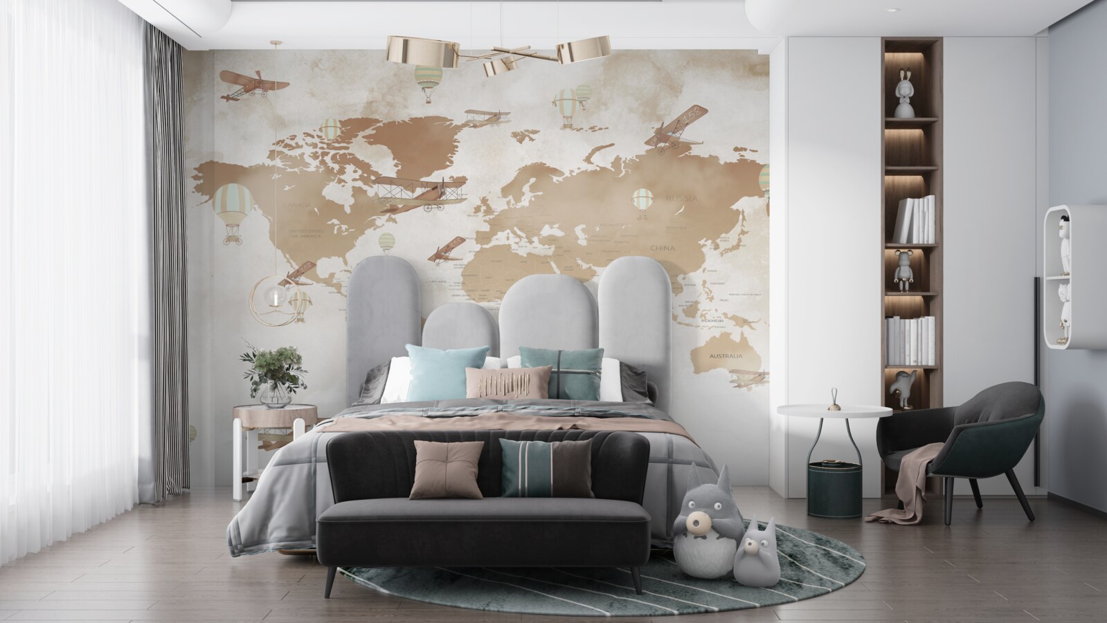 Papier peint carte du monde brune avec représentation d'avions