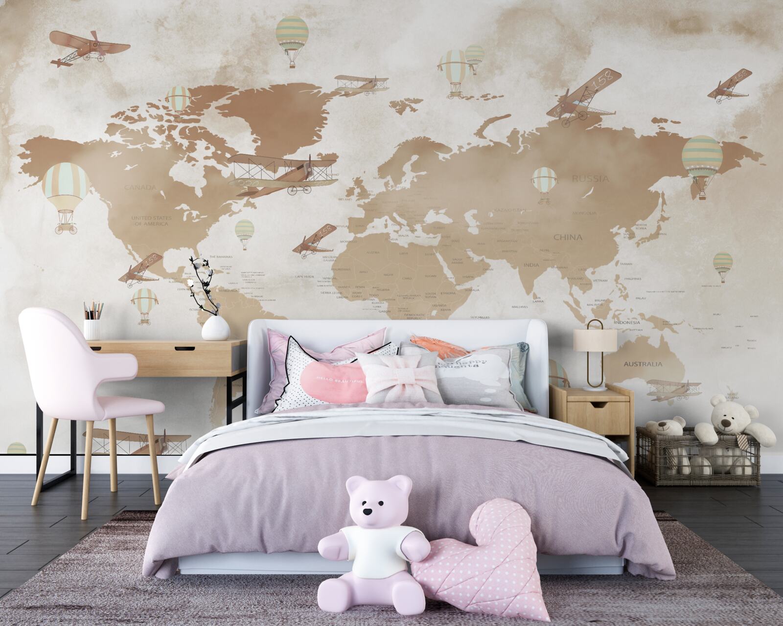 Papier peint carte du monde brune avec représentation d'avions