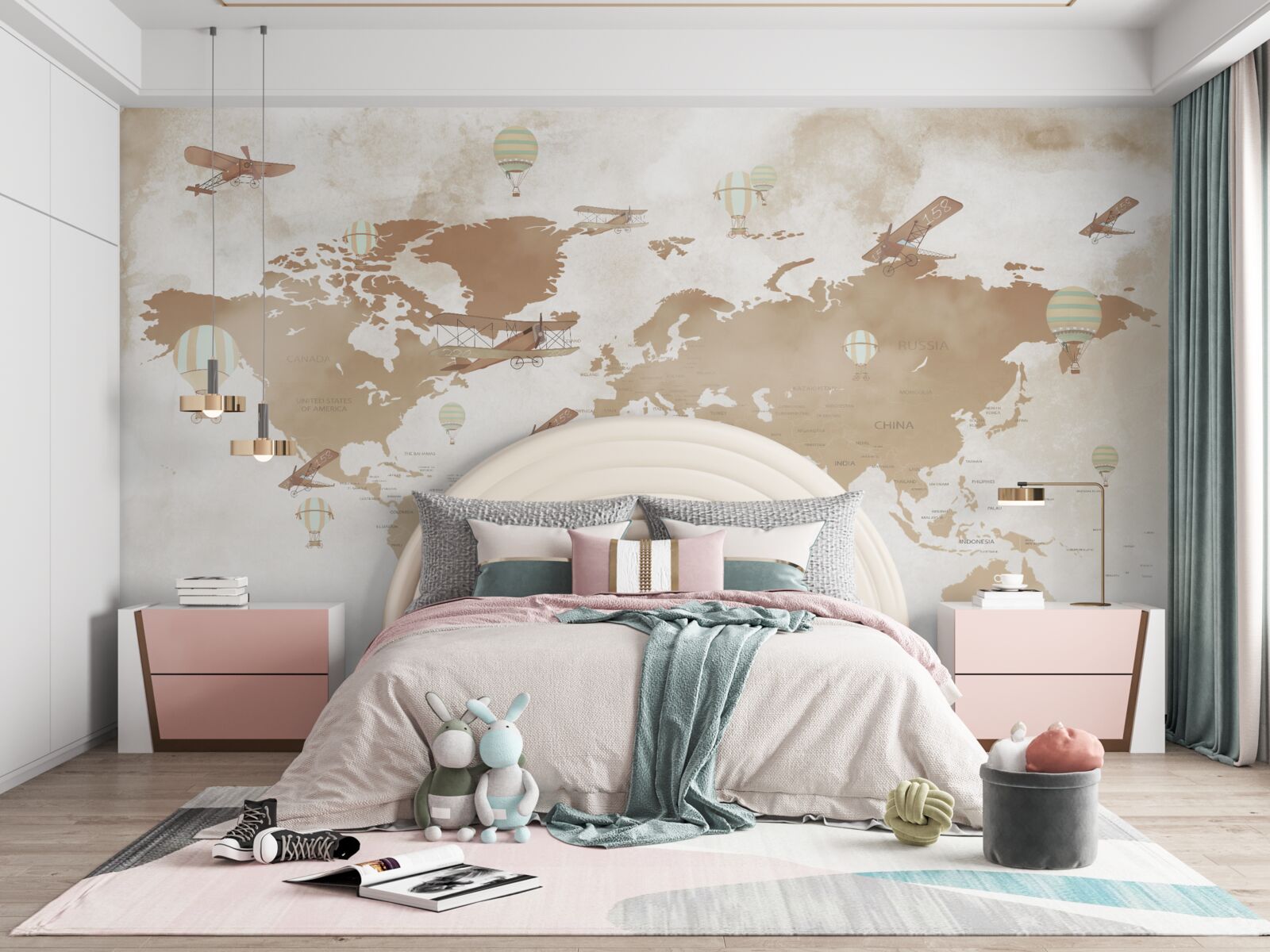 Papier peint carte du monde brune avec représentation d'avions