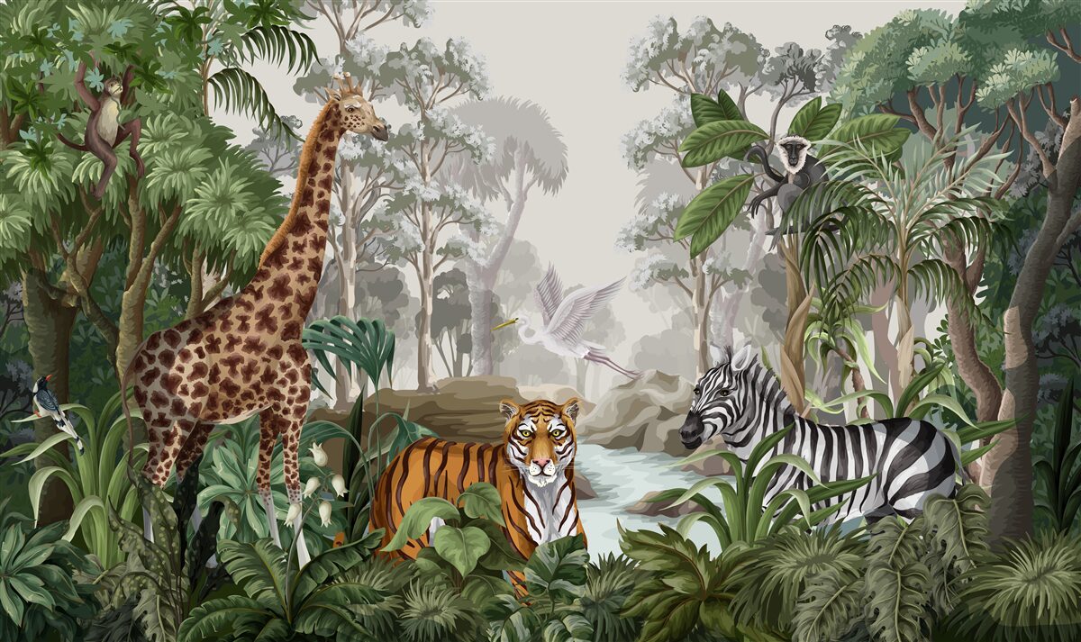 Papier peint Girafe, tigre et zèbre dans la forêt tropicale