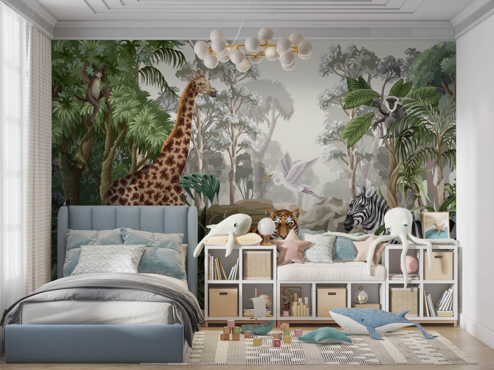 Papier peint Girafe, tigre et zèbre dans la forêt tropicale