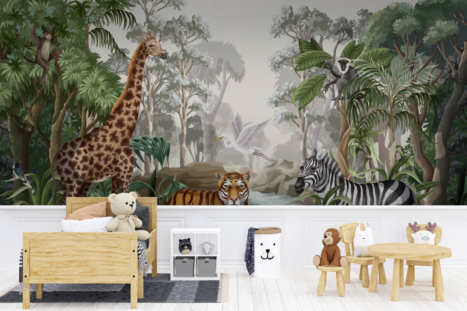 Papier peint Girafe, tigre et zèbre dans la forêt tropicale