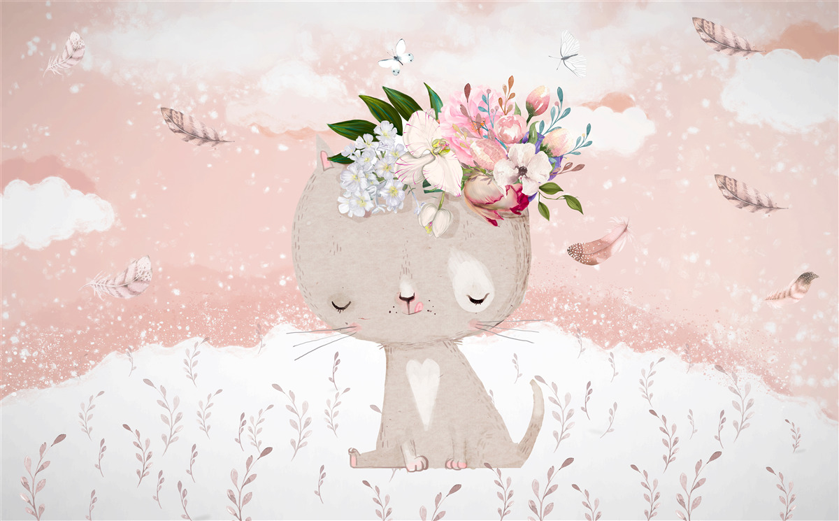 Papier peint chat mignon parmi les fleurs