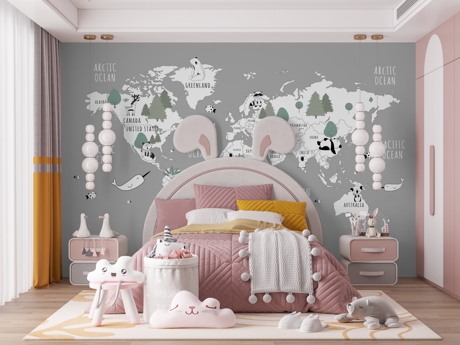 Papier peint carte du monde en blanc, décorée de pandas