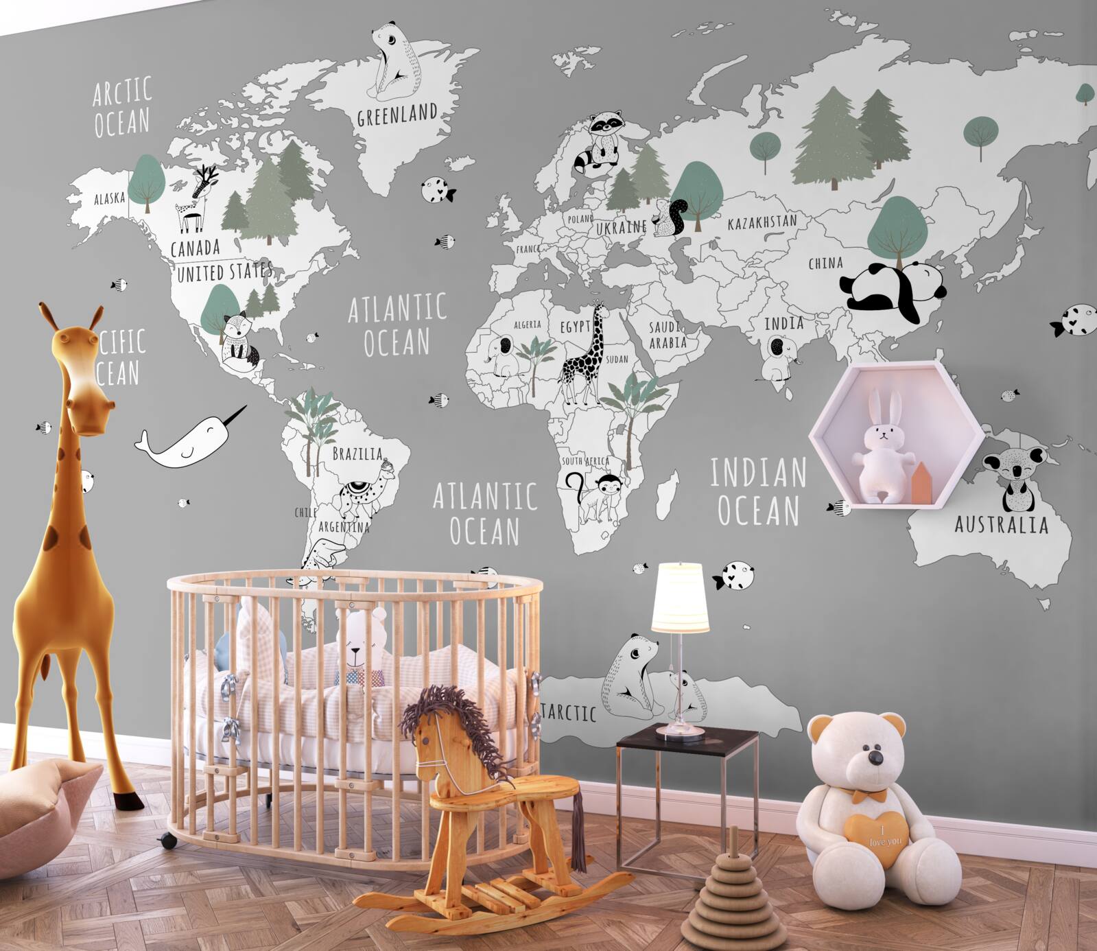 Papier peint carte du monde en blanc, décorée de pandas