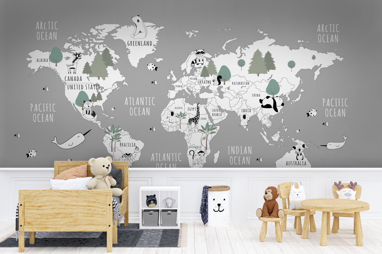 Papier peint carte du monde en blanc, décorée de pandas