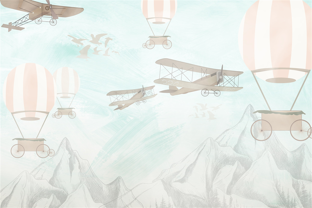 Papier peint des ballons et des avions survolent les montagnes