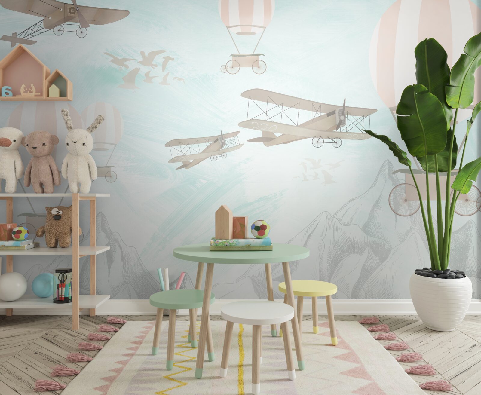 Papier peint des ballons et des avions survolent les montagnes