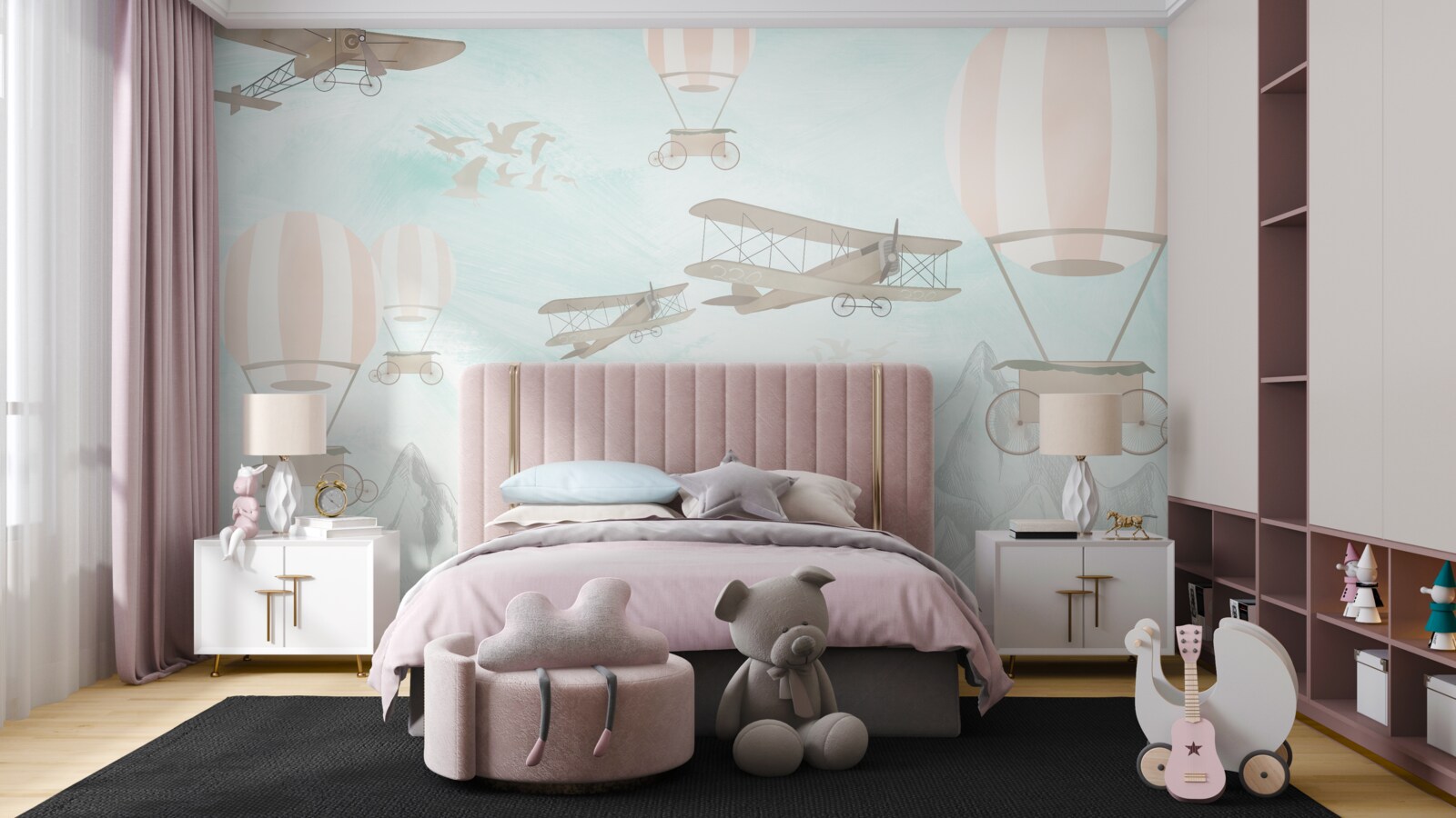 Papier peint des ballons et des avions survolent les montagnes