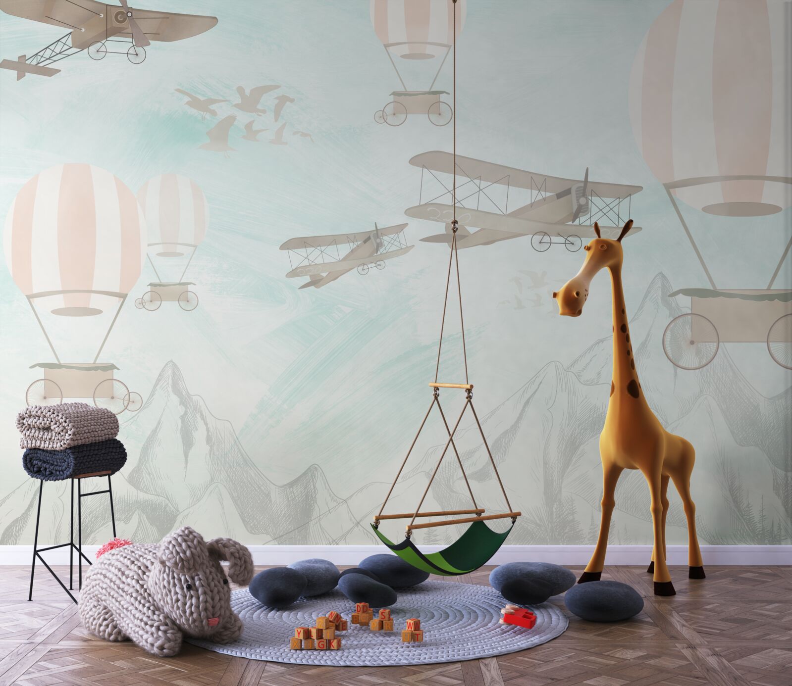 Papier peint des ballons et des avions survolent les montagnes