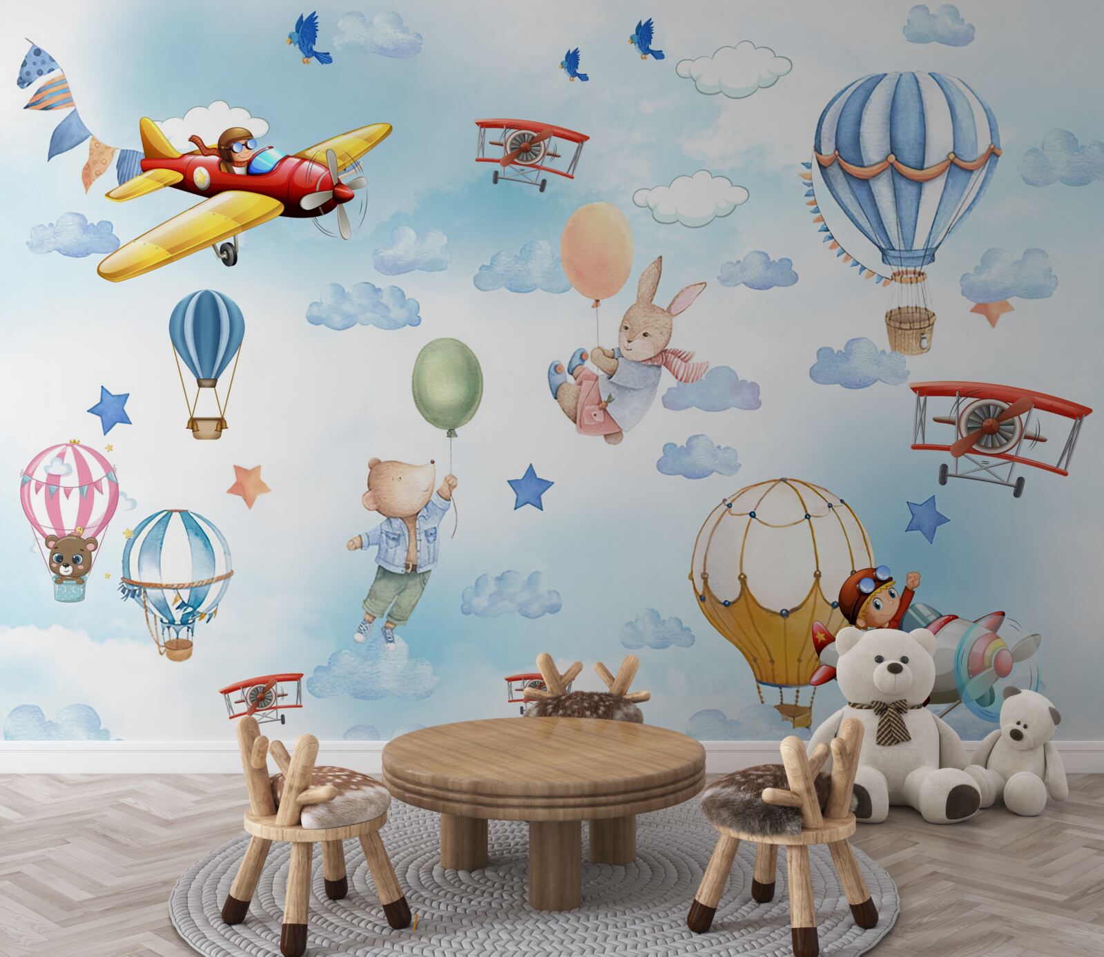 Papier peint des personnages de contes de fées planent dans le ciel