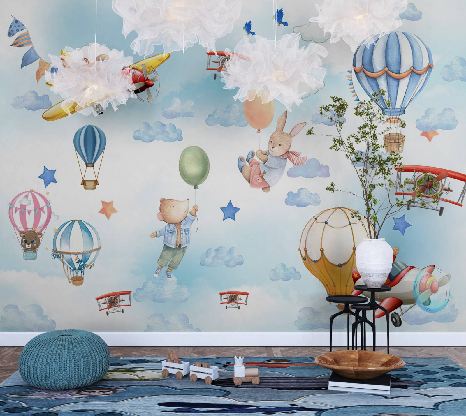 Papier peint des personnages de contes de fées planent dans le ciel