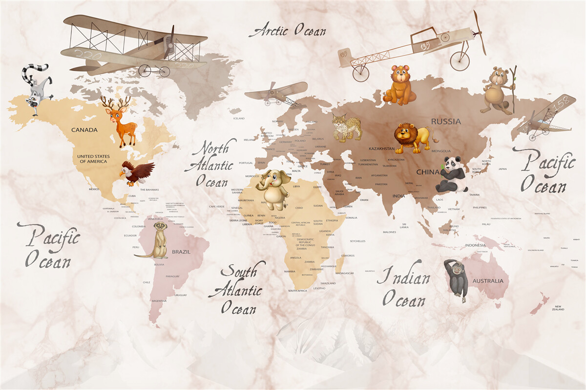 Papier peint carte du monde et principaux habitants des continents