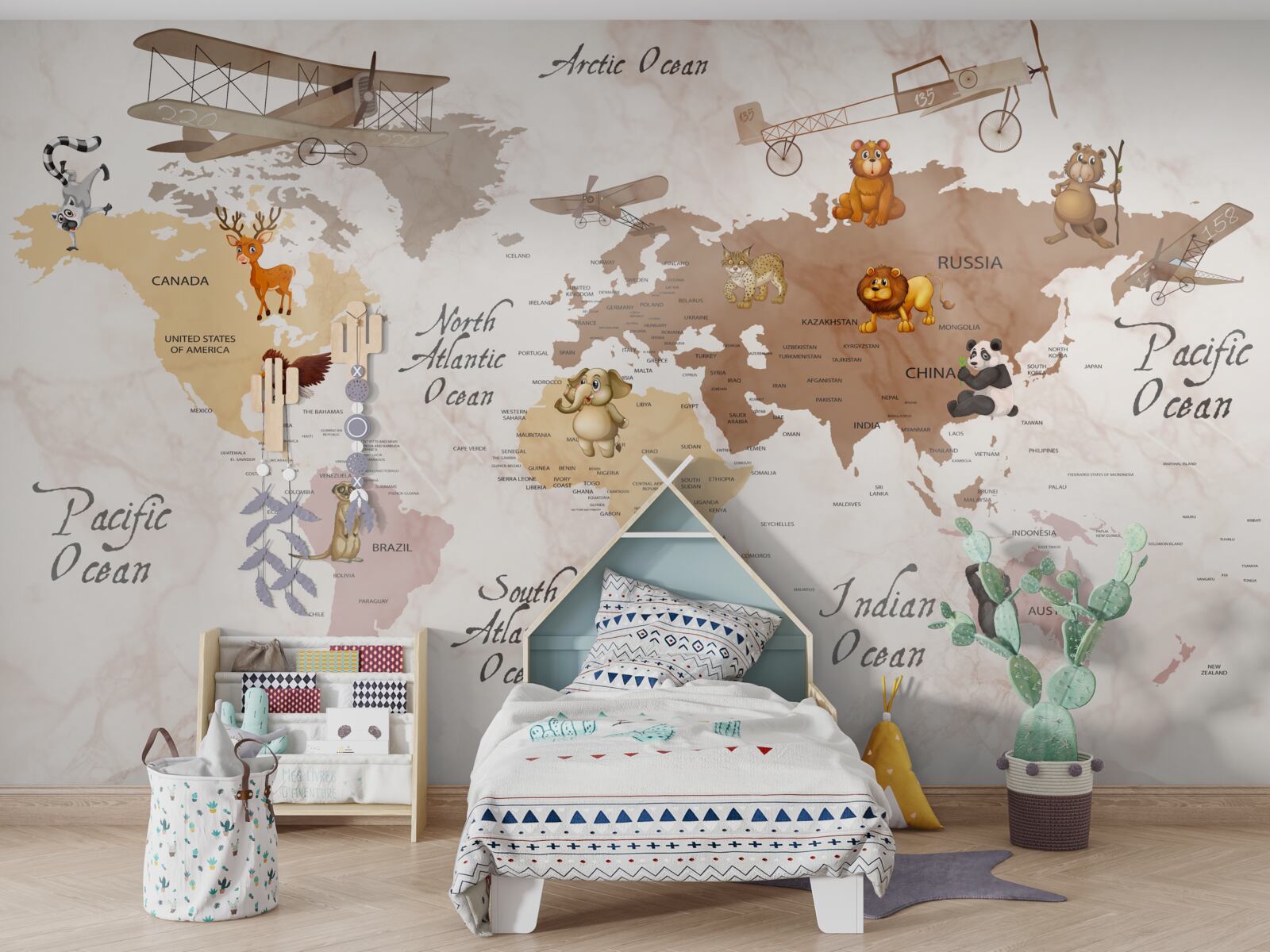 Papier peint carte du monde et principaux habitants des continents