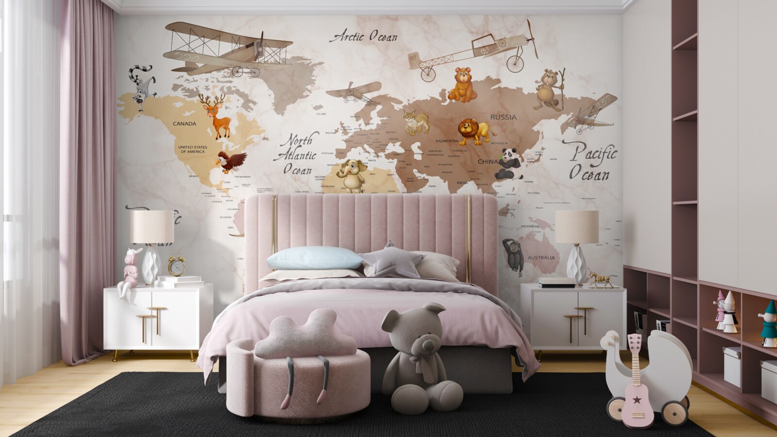 Papier peint carte du monde et principaux habitants des continents