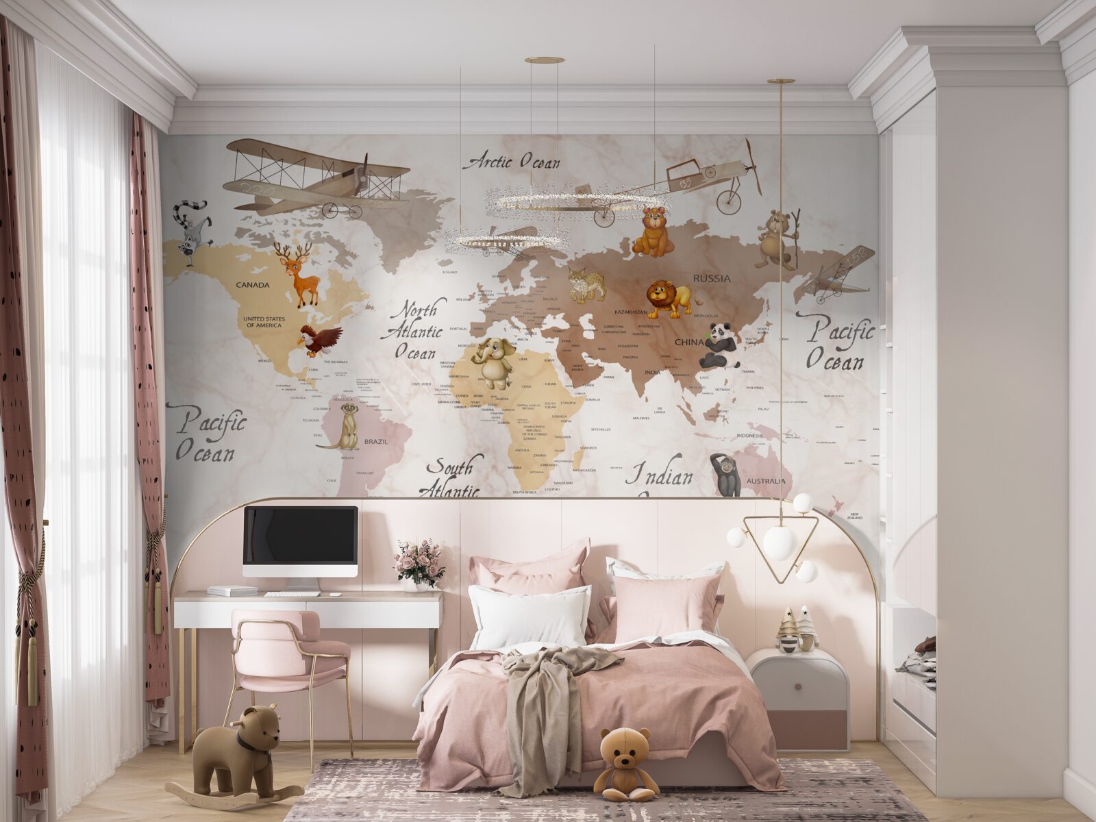 Papier peint carte du monde et principaux habitants des continents