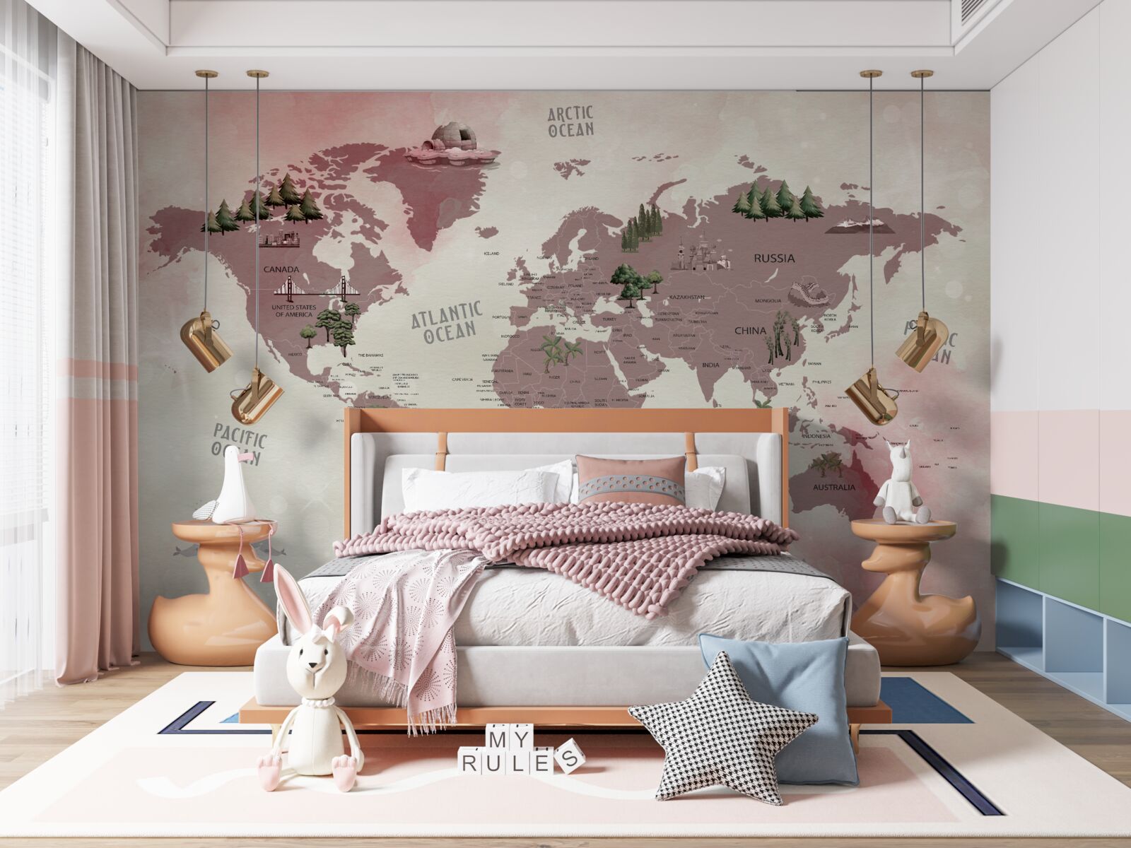 Papier peint carte du monde avec les forêts marquées