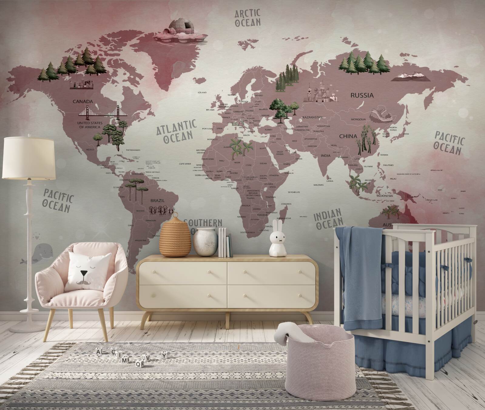 Papier peint carte du monde avec les forêts marquées