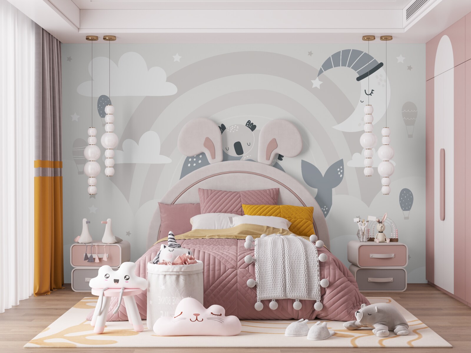 Papier peint dans les nuages, un koala dort sur le dos d'une baleine