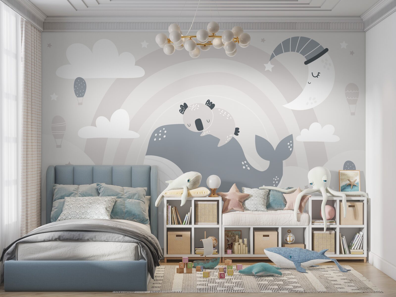 Papier peint dans les nuages, un koala dort sur le dos d'une baleine