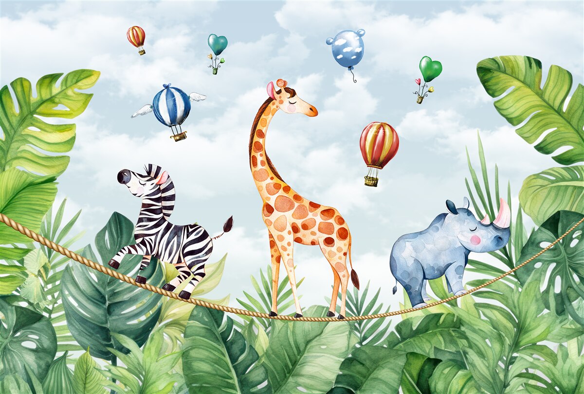 Papier peint des acrobates sur un fil entre les arbres