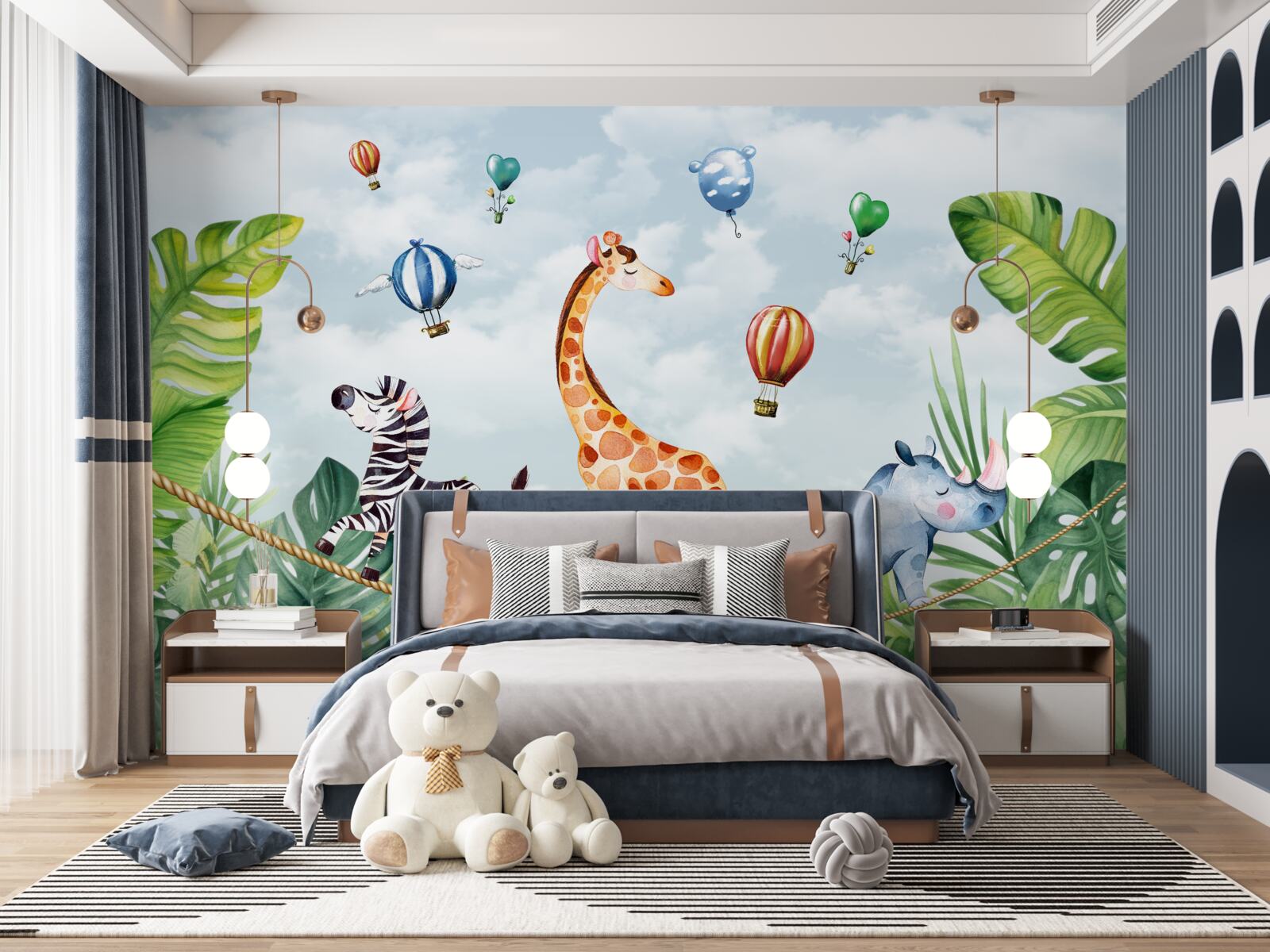 Papier peint des acrobates sur un fil entre les arbres