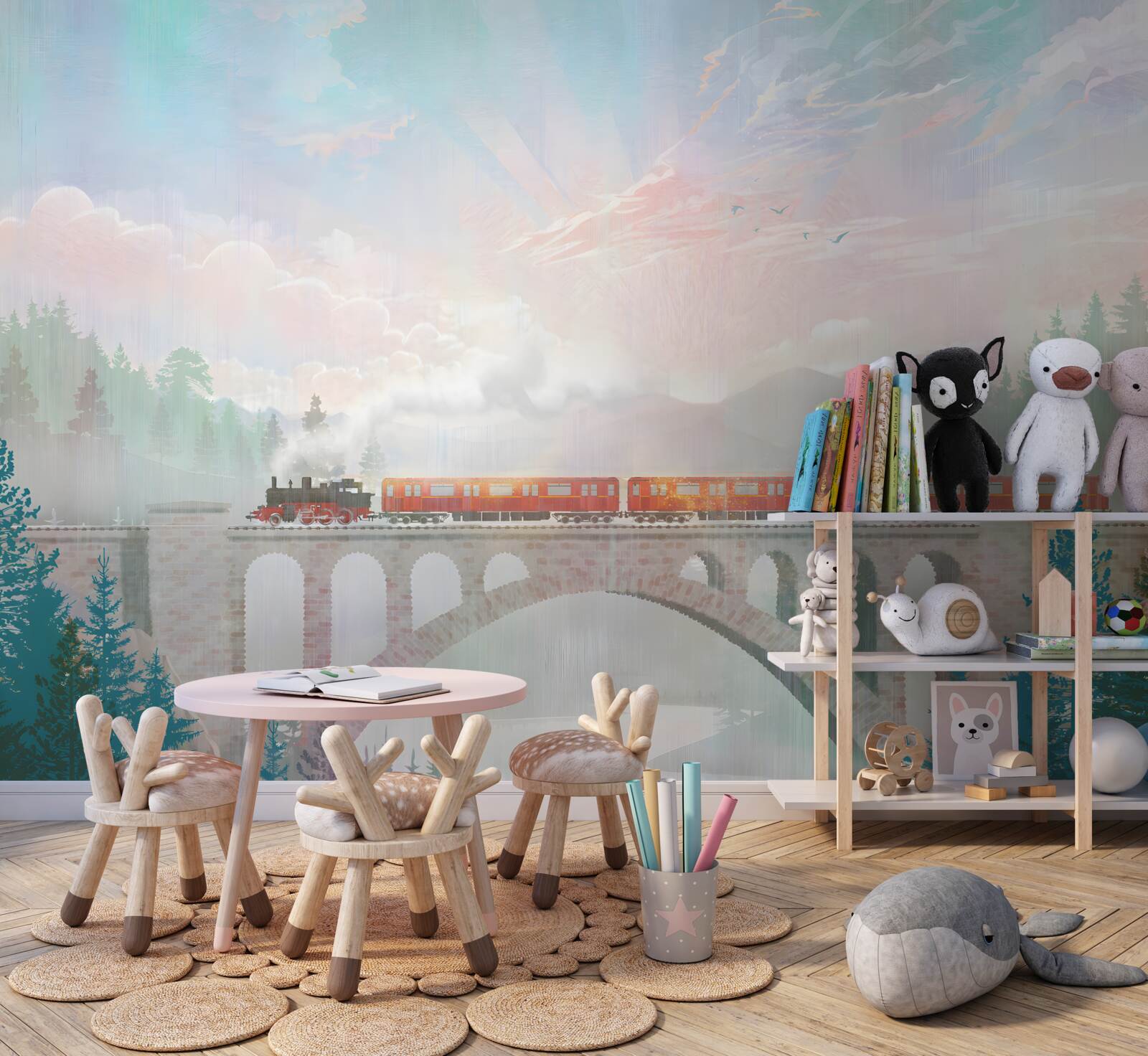 Papier peint un train traverse le pont