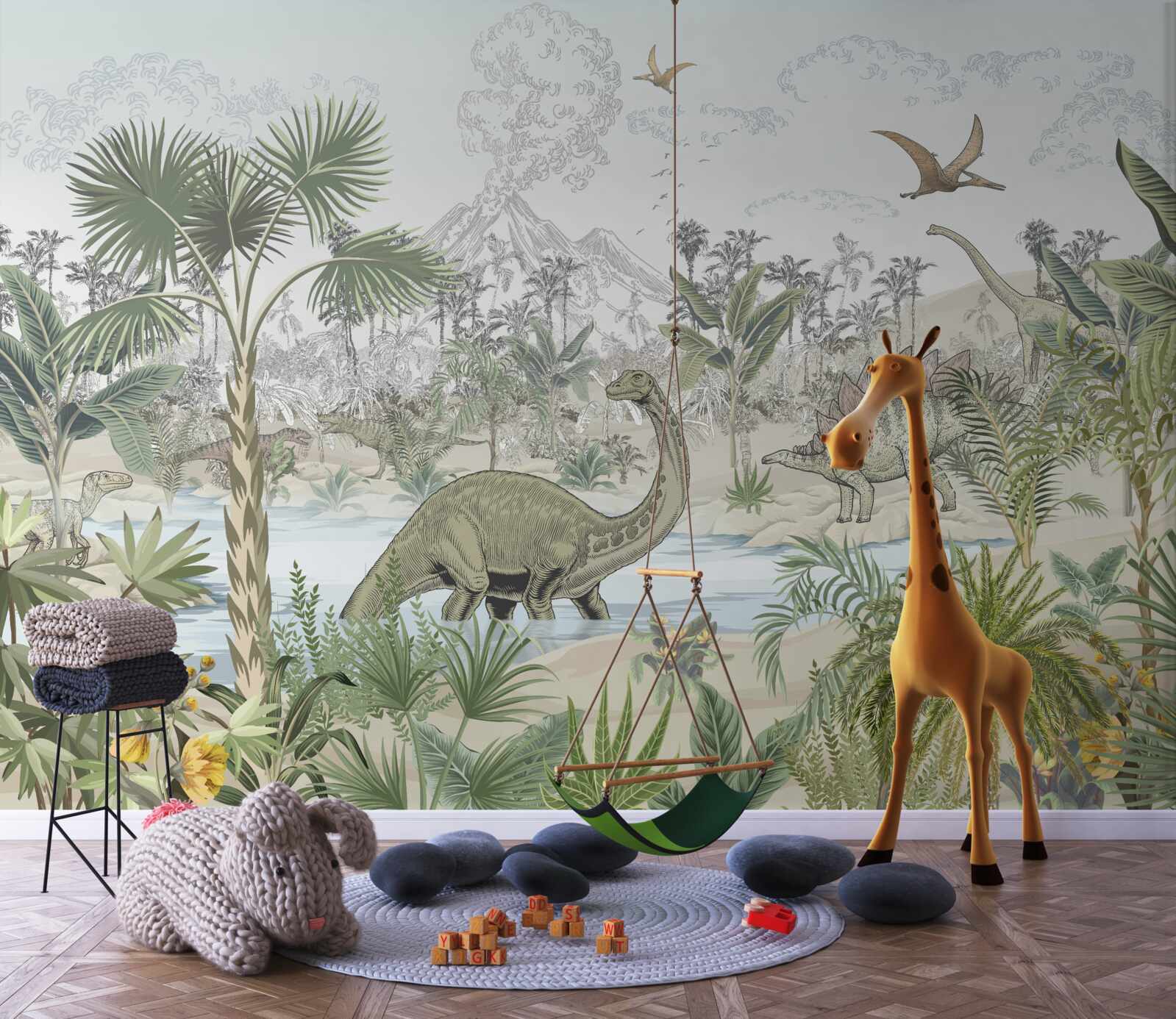 Papier peint il y a des dinosaures dans la forêt près de l'eau