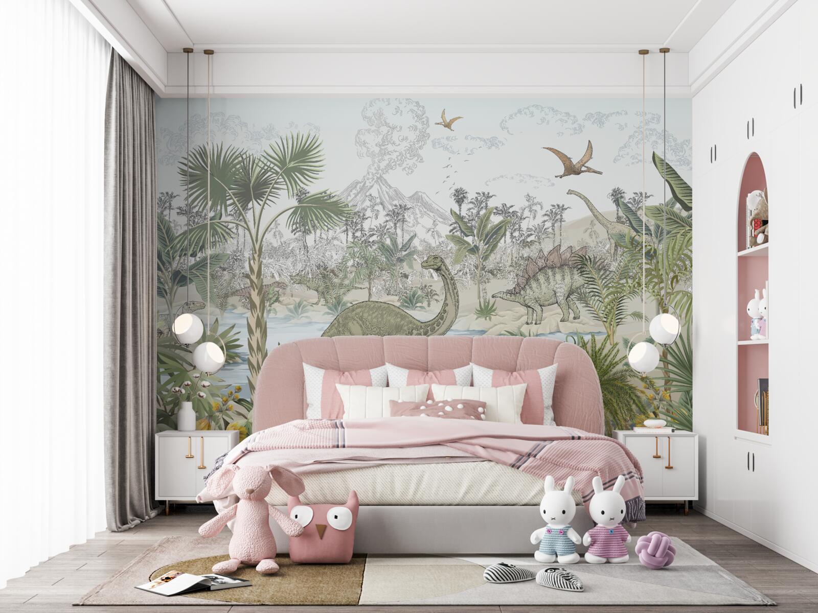 Papier peint il y a des dinosaures dans la forêt près de l'eau