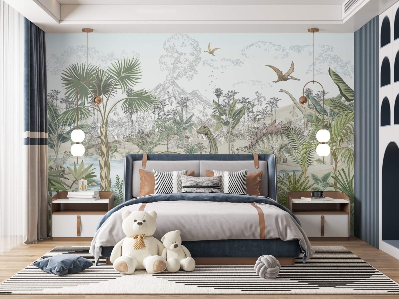 Papier peint il y a des dinosaures dans la forêt près de l'eau