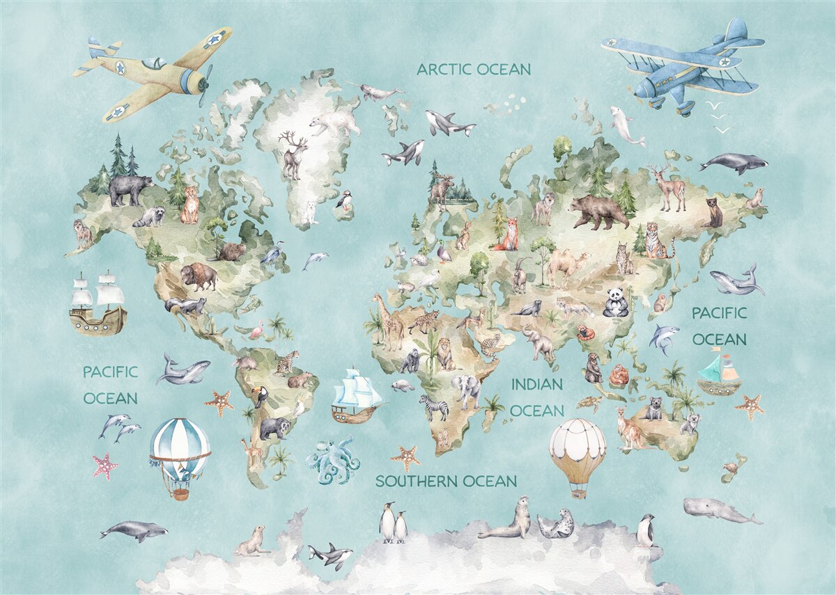 Papier peint carte du monde pour enfants avec les océans