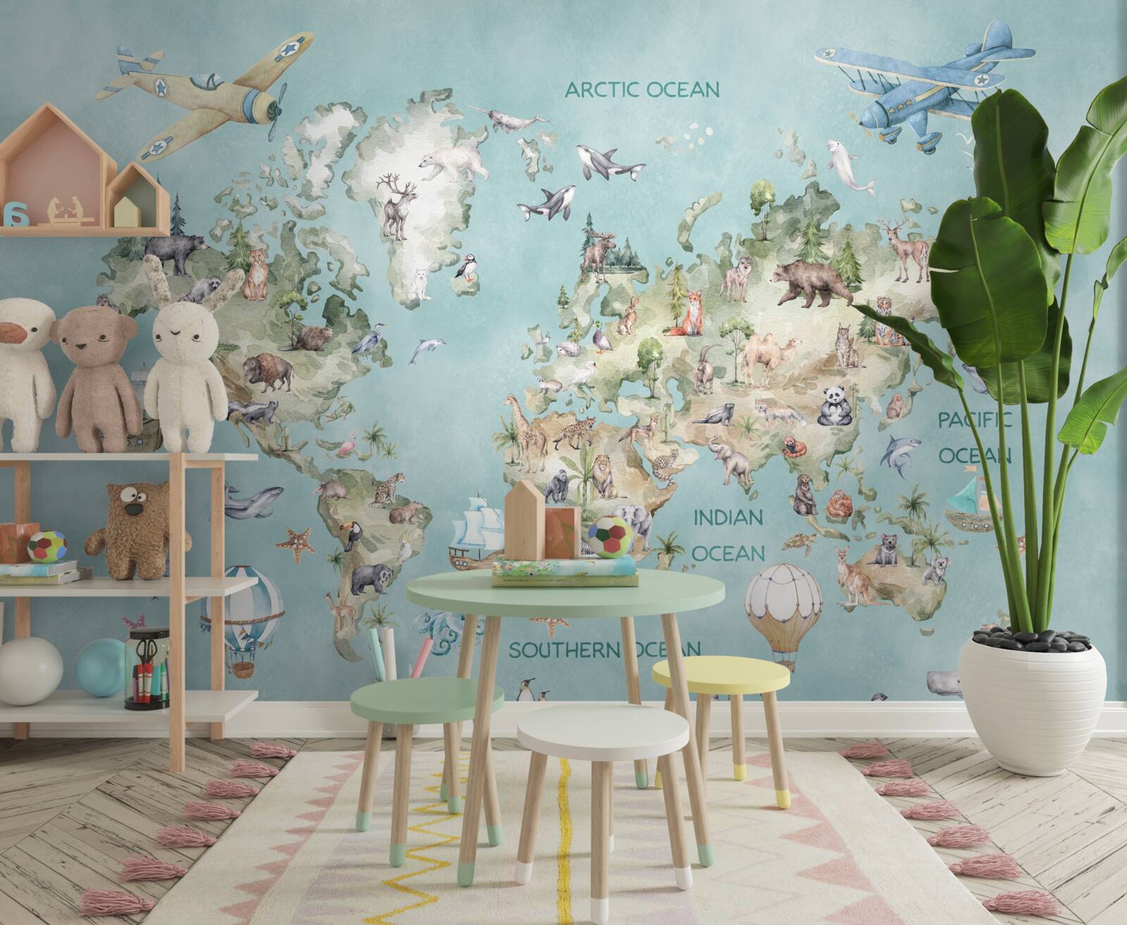 Papier peint carte du monde pour enfants avec les océans