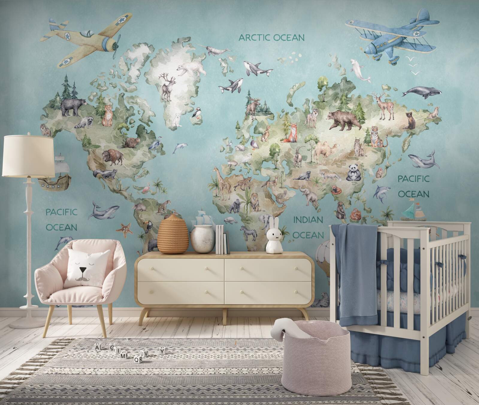 Papier peint carte du monde pour enfants avec les océans