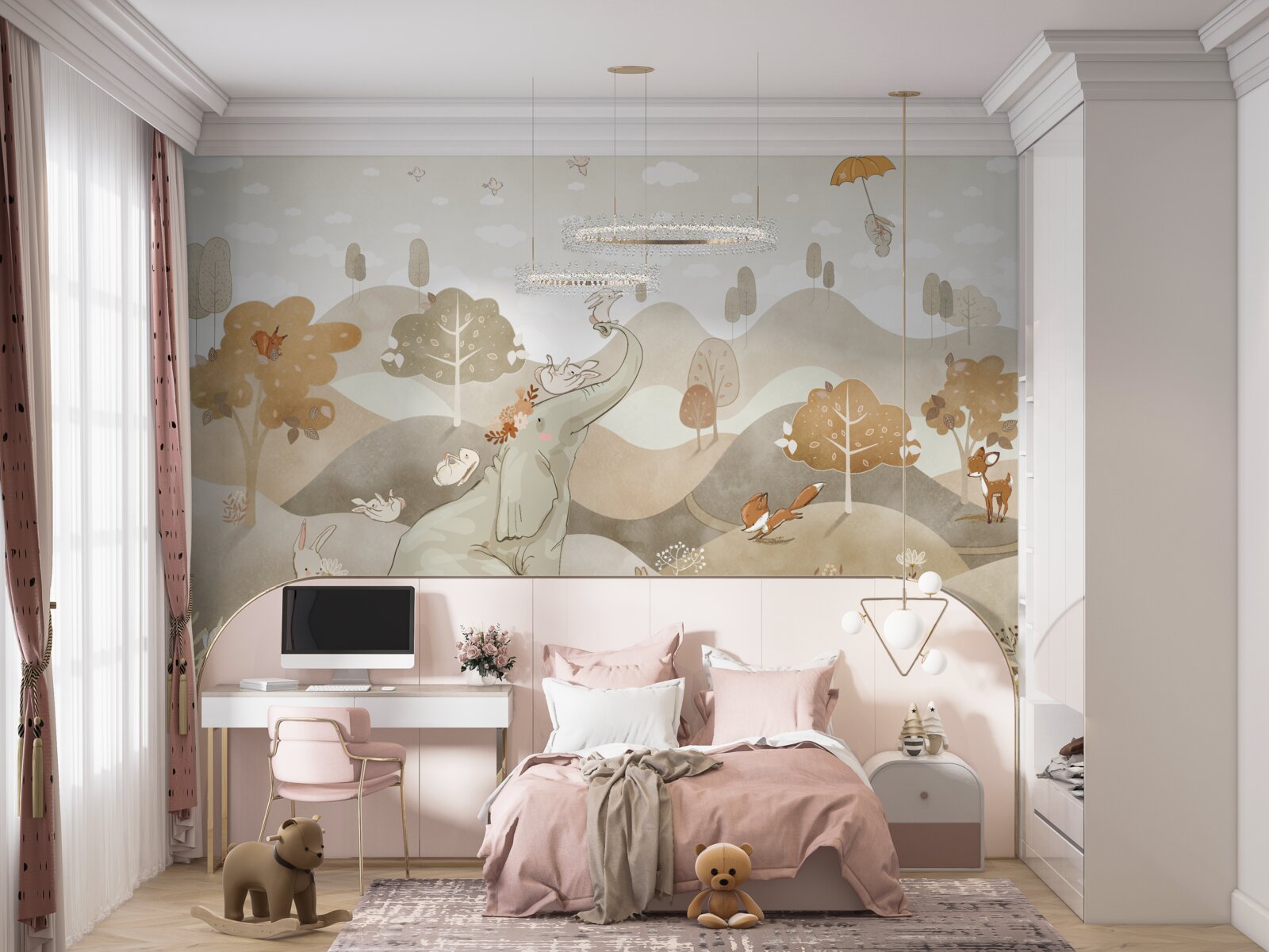 Papier peint Le petit éléphant joue avec les lapins