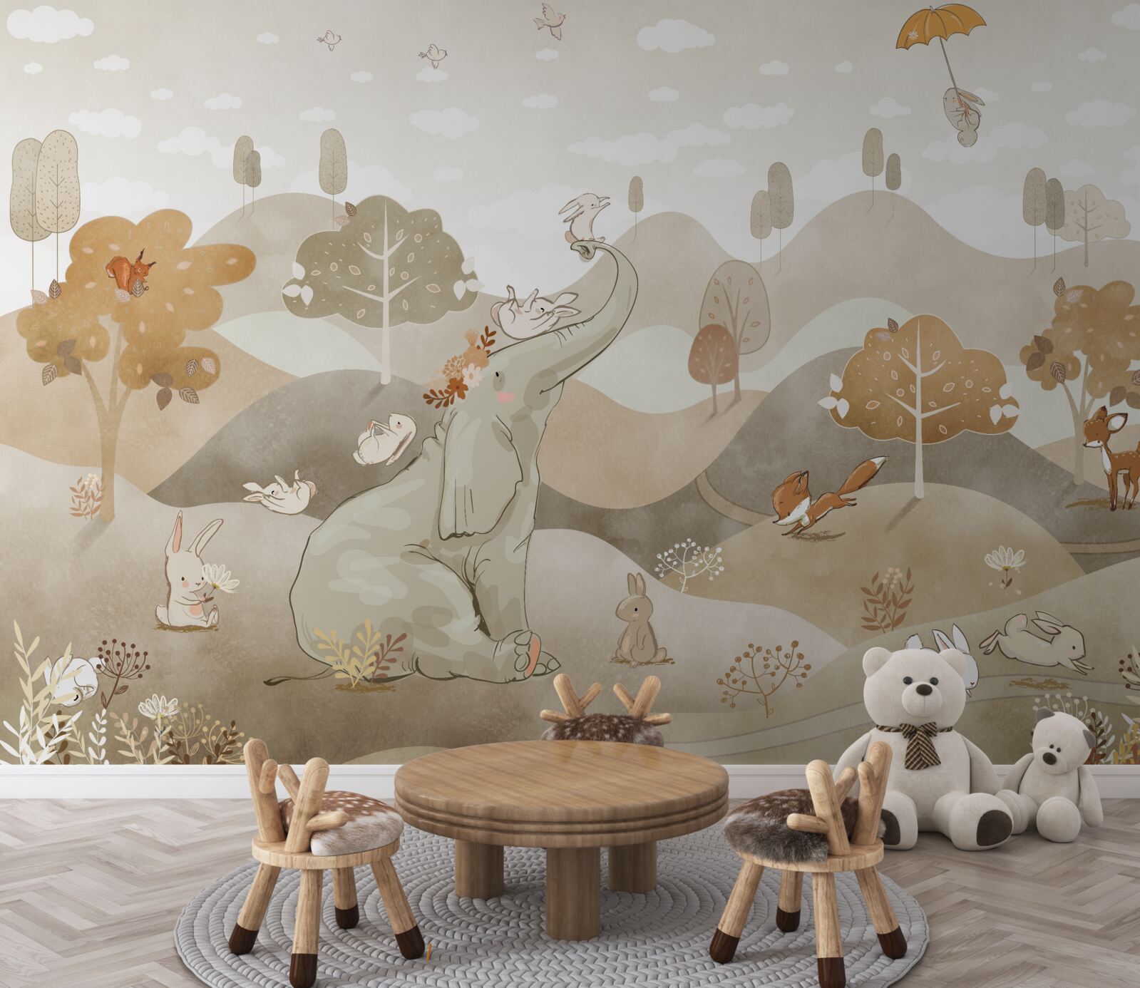 Papier peint Le petit éléphant joue avec les lapins
