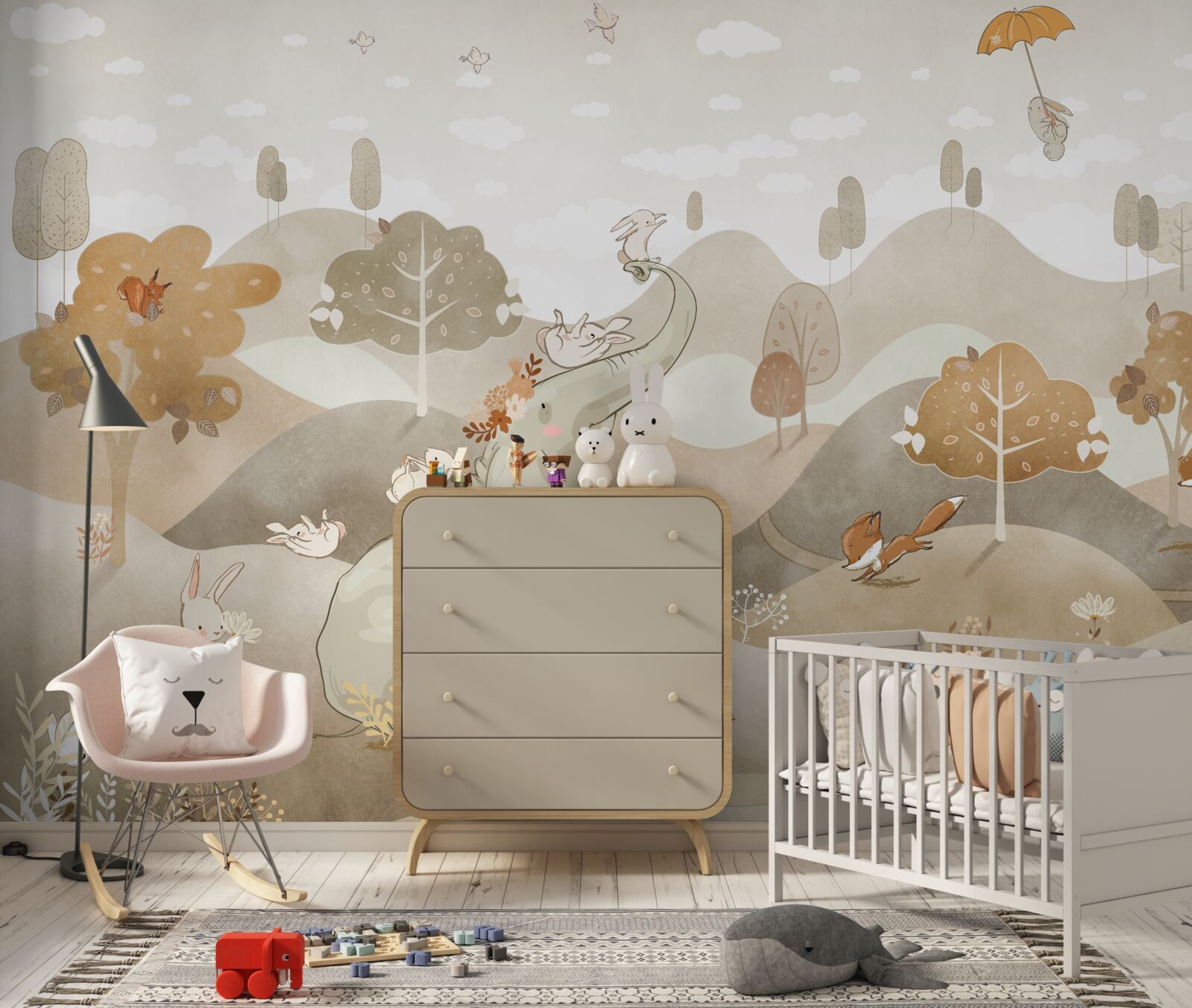 Papier peint Le petit éléphant joue avec les lapins