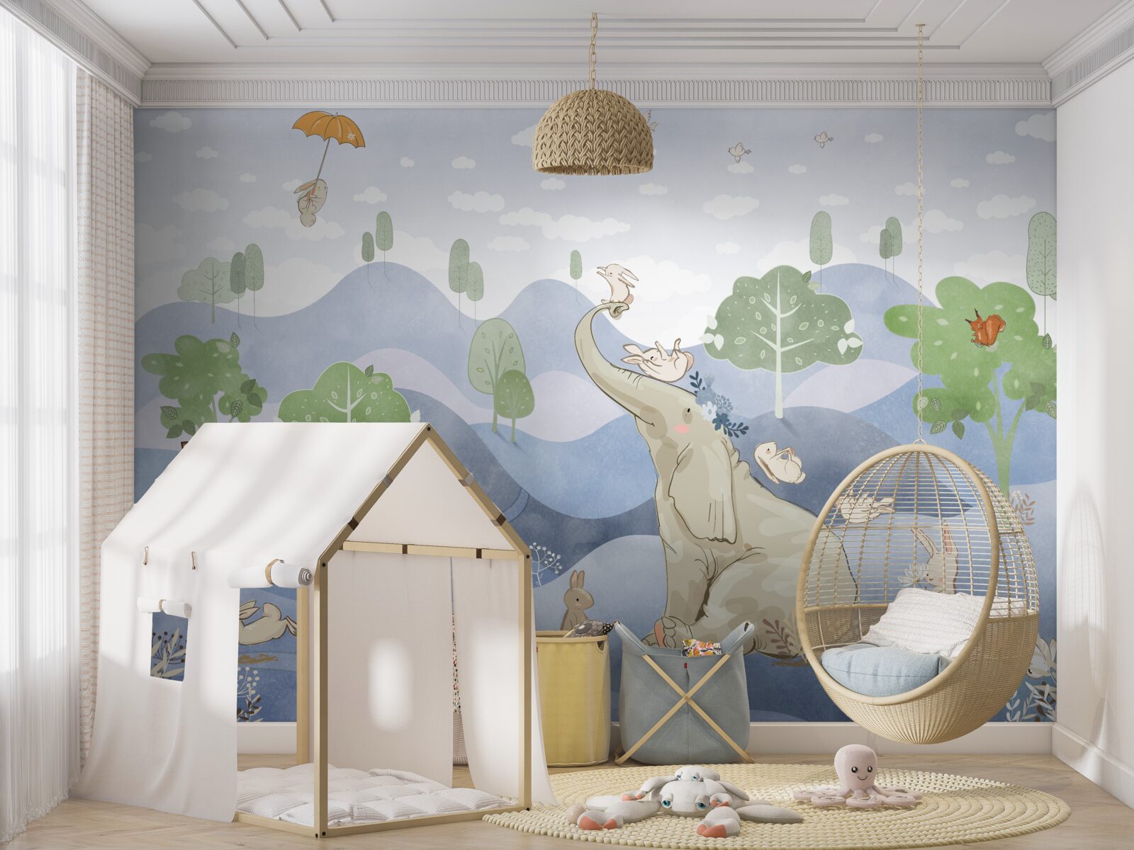 Papier peint un éléphanteau se promène avec ses jeunes amis