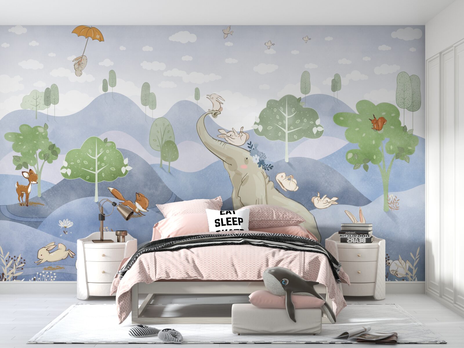 Papier peint un éléphanteau se promène avec ses jeunes amis