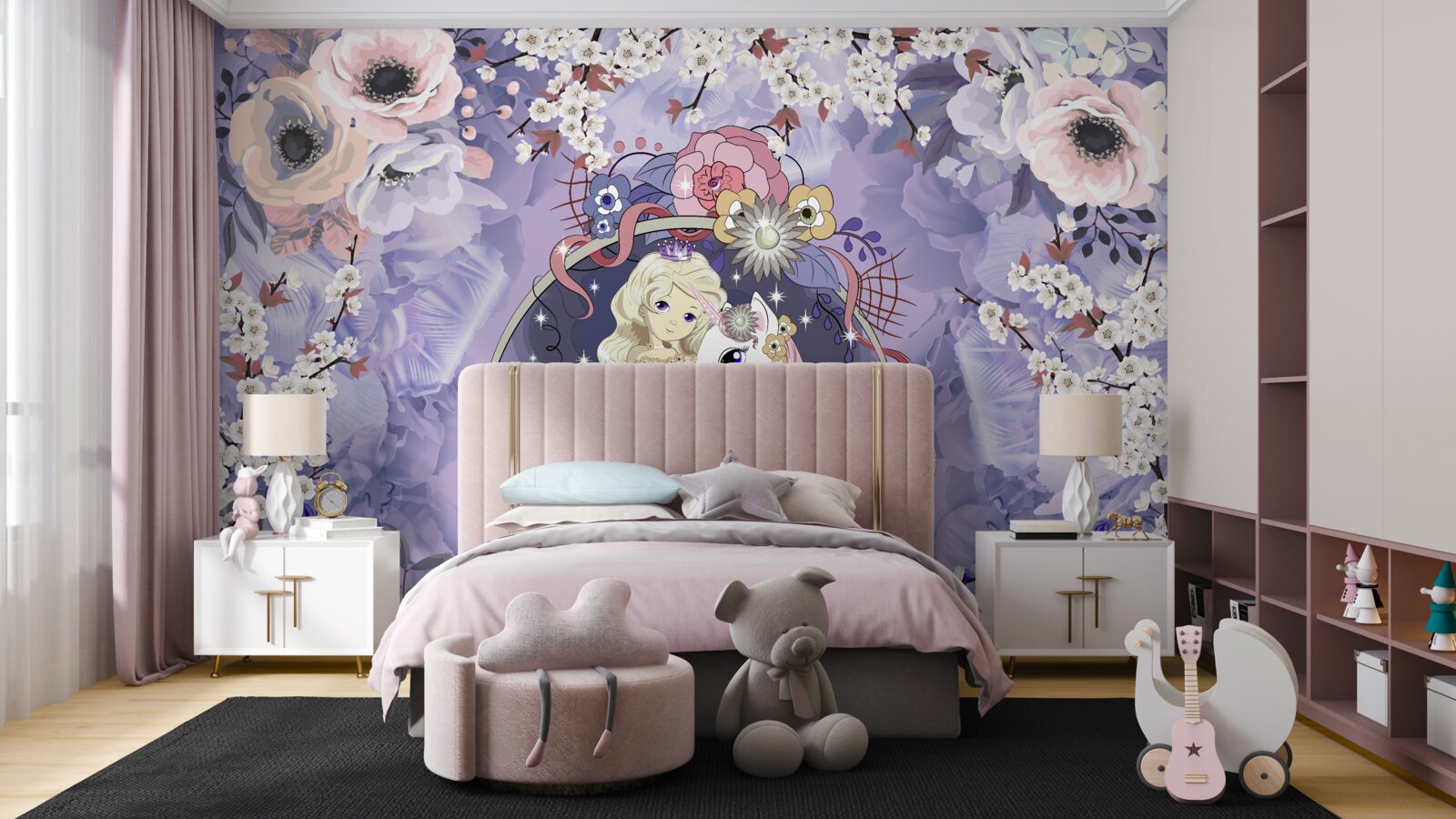 Papier peint licorne avec princesse