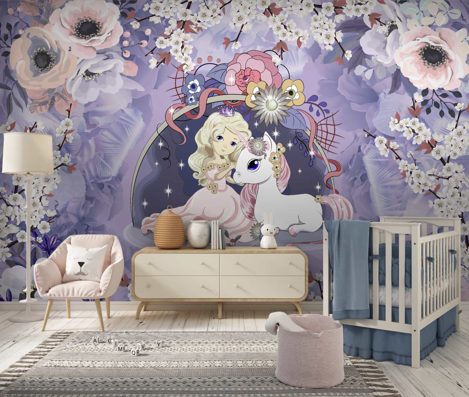 Papier peint licorne avec princesse